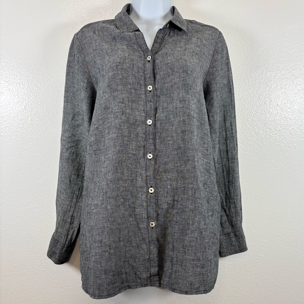 Foxcroft NYC Gray Linen Button Front Capsule Wardrobe Shirt Size 8 Relaxed Fit